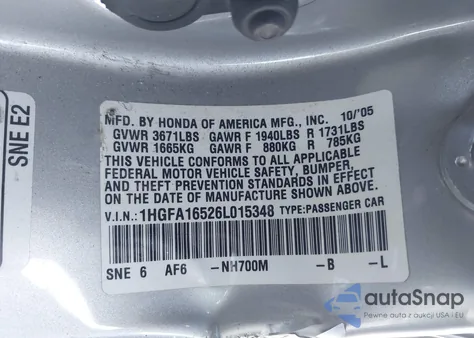 2006 Honda Civic Lx z USA, uszkodzony, nr VIN 1HGFA16526L015348
